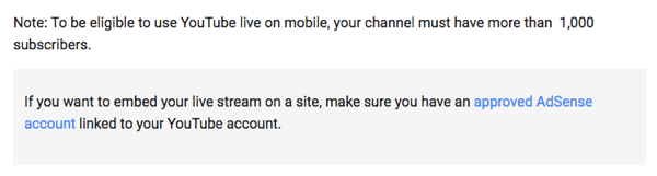 „YouTube Live“ per mobilųjį įrenginį reikalauja, kad jūsų kanalas turėtų 1000 ar daugiau stebėtojų.