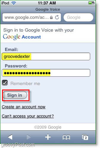 raskite „Google Voice“ programos mobiliesiems svetainę ir įveskite savo kredencialus