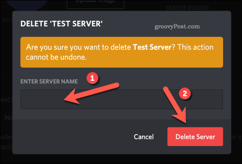 Patvirtinkite „Discord“ serverio ištrynimą
