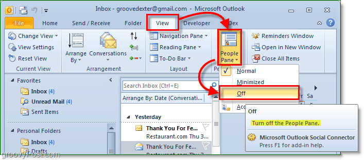 kaip išjungti žmonių sritį „Microsoft Office Outlook 2010“