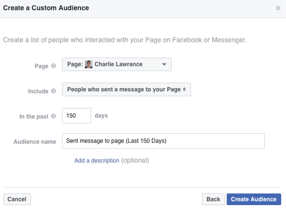 Pasirinkite parinktį, kad sukurtumėte žmonių, kurie išsiuntė žinutę į jūsų „Facebook“ puslapį, auditoriją.