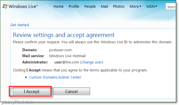 peržiūrėkite ir sutikite su „Windows Live“ domeno el. pašto sąlygų sutartimi