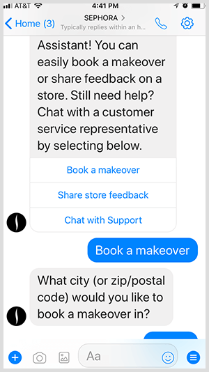 Turėdama „Messenger“ robotą, „Sephora“ atitinka potencialius klientus, kad jie galėtų susitarti dėl perdaryti.