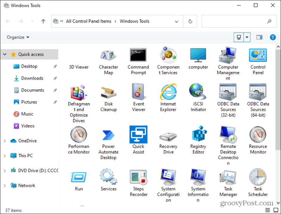 elementai „Windows“ įrankių aplanke