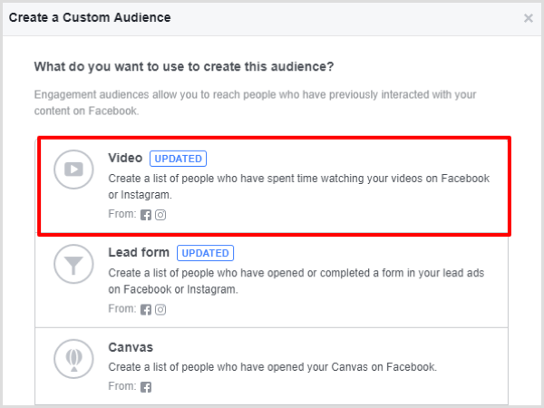 Pasirinkite „Facebook“ pasirinktinės auditorijos parinktį Vaizdo įrašų įtraukimas.
