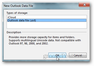 kaip sukurti „pst“ failą „Outlook 2013“ - spustelėkite „Outlook“ duomenų failą
