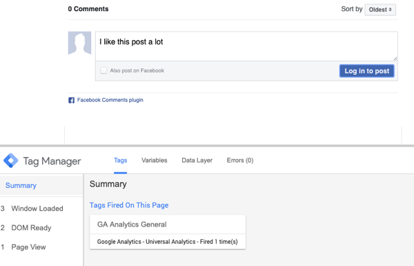 Naudokite „Google“ žymų tvarkytuvę su „Facebook“, 23 veiksmas. Peržiūrėkite komentarą su santraukos pasirinkimu suaktyvintai „Facebook“ žyma