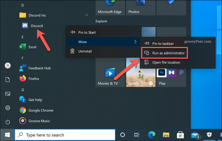 „Discord“ paleidimas kaip administratorius sistemoje „Windows 10“