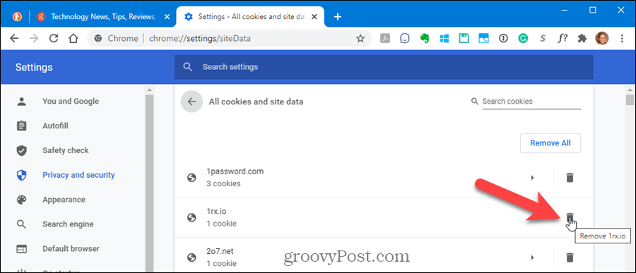 Ištrinkite „Chrome“ vienos svetainės slapukus
