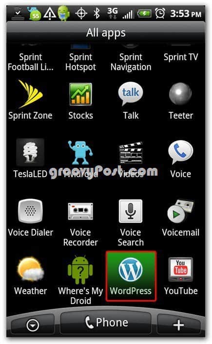 „Wordpress“ „Android“ piktograma pagrindiniame ekrane - dokas