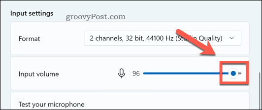 Mikrofono garsumo slankiklis sistemoje „Windows 11“.