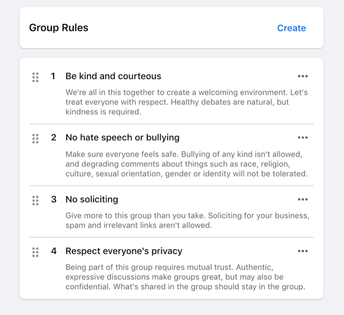 „Facebook“ grupei nustatytų taisyklių pavyzdys, pavyzdžiui, būk malonus, nekalbėk apie neapykantą, neprašysi ir pan.