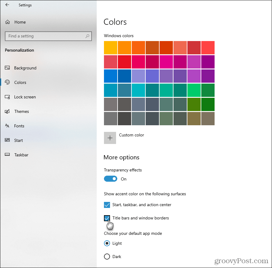Rodyti „Windows 10“ spalvų akcentų parinktis