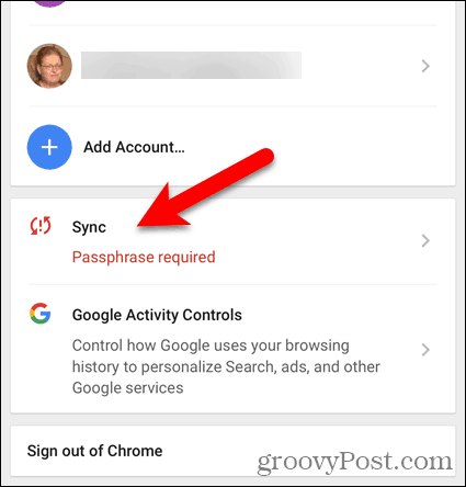 Bakstelėkite Sinchronizuoti slaptafrazę, kurios reikia „Chrome“ „iOS“