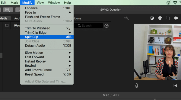 „IMovie“ skirstykite vaizdo įrašą į segmentus pasirinkdami Modifikuoti> Padalyti klipą.