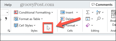 Excel spustelėkite juostelę