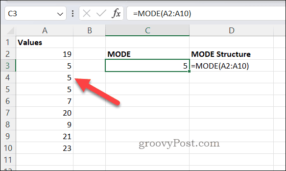 MODE formulės rezultatas programoje Excel