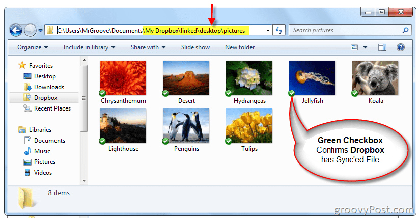 „Windows Explorer“ patvirtina, kad „Symlink“ buvo sukurta, ir „Dropbox“ sinchronizuoja failus