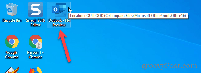 Spartusis klavišas, skirtas paleisti „Outlook“, kai išjungta skaitymo sritis