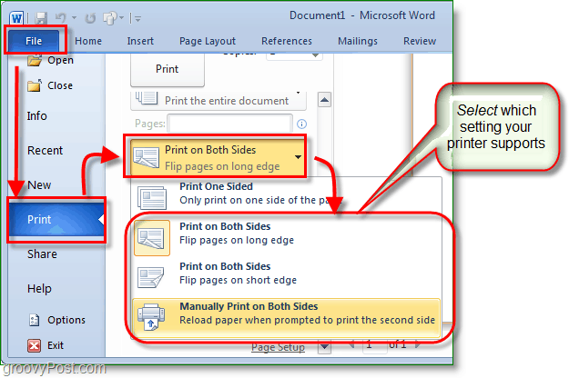„Micosoft Word 2010“ ekrano kopijoje pakeiskite spausdinimo parametrus, kad galėtumėte spausdinti iš abiejų pusių