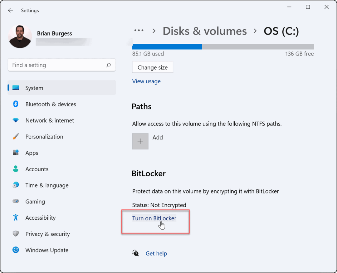 Įjunkite „Bitlocker“ naudoti „Bitlocker“ šifravimą sistemoje „Windows 11“.
