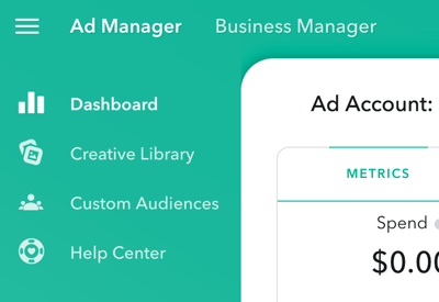 „Ad Manager“ turi keturias pagrindines skiltis, kurias galite pasiekti viršutiniame kairiajame puslapio kampe.