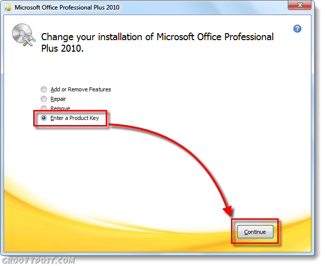 „Office 2010“ pakeisti produkto rakto ekraną