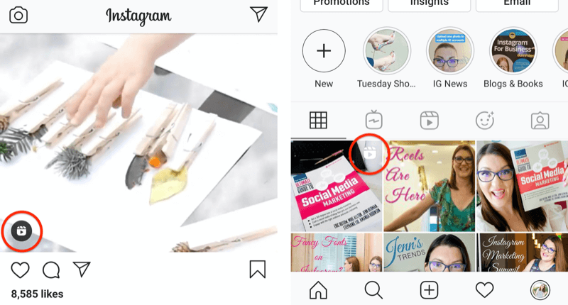 „Instagram“ ritinių piktograma, rodoma sklaidos kanalo įraše ir profilio tinklelio kvadrate
