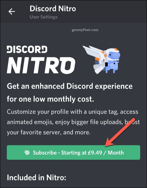 „Discord Nitro Mobile Subscribe“ mygtukas