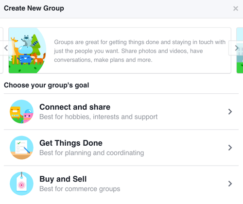 Norėdami sukurti „Facebook“ grupę, orientuotą į bendruomenės kūrimą, pasirinkite Prisijungti ir bendrinti.