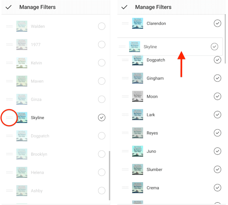 tvarkykite „Instagram“ filtrų meniu parinktis, rodančias dvigubas horizontalias pasirinkimo juostas šalia leidžiamų filtrų kad jie būtų pertvarkyti, ir rodomas skylės filtro tempimas į filtro pasirinkimo viršų sąrašą