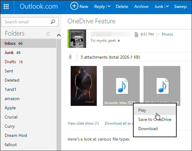 Išsaugokite „Outlook.com“ priedus „OneDrive“ spustelėdami