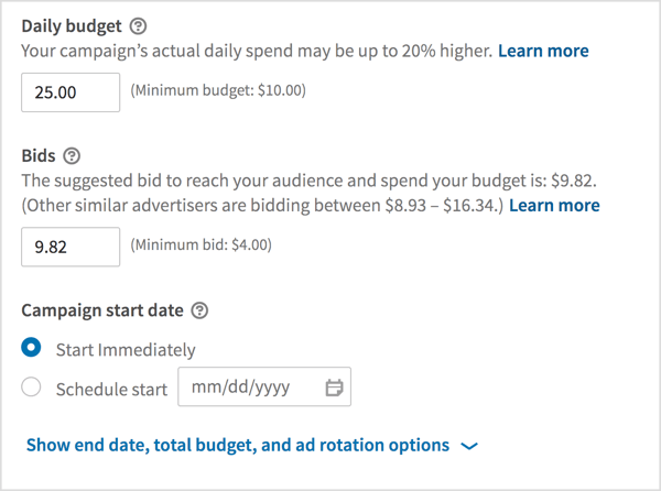Pasirinkite dienos biudžetą, įveskite kainos pasiūlymą ir kampanijos pradžios datas.