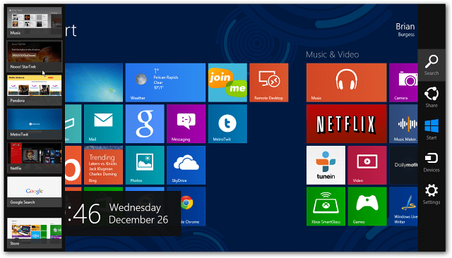 Išjunkite „Windows 8“ karštuosius kampus, kad būtų rodoma žavesio juosta ir komutatorius