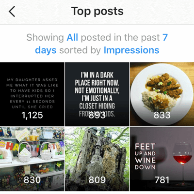 „Instagram Insights“ rodo jūsų šešis geriausius paskutinių septynių dienų įrašus.