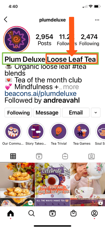 @splumdeluxe instagram profilio pavyzdys, kuriame rodomi raktiniai žodžiai „slyvų liukso“ ir „birių lapų arbata“ jų puslapio biografijoje, leidžiantys jiems gerai pasirodyti paieškos rezultatuose