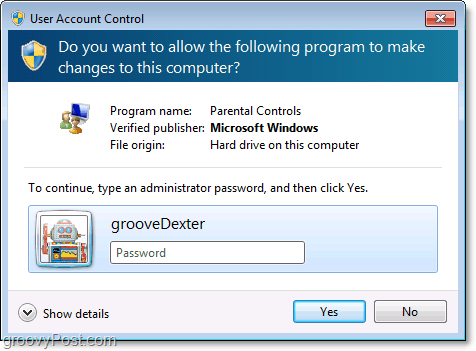 „Windows 7“ galite nepaisyti tėvų kontrolės apribojimo, įvesdami administratoriaus slaptažodį
