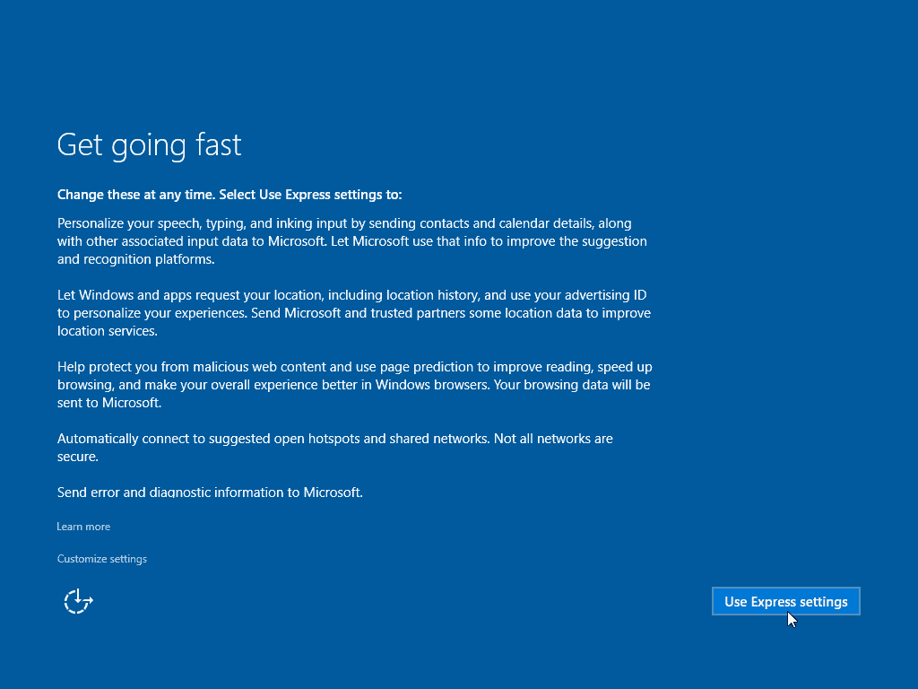 13 „Express“ nustatymų naudojimas „Windows 10“ švarus diegimas