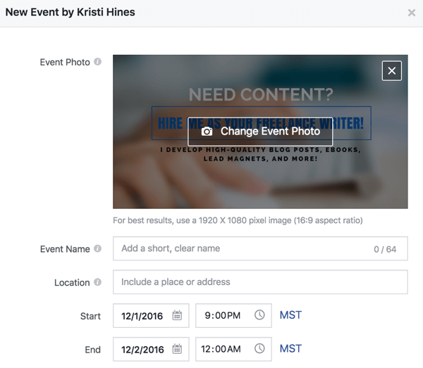 Norėdami sukurti „Facebook“ įvykį, užpildykite šią informaciją.