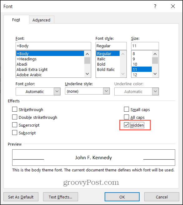 Pažymėkite laukelį Paslėptas tekstas „Microsoft Word“ sistemoje „Windows“