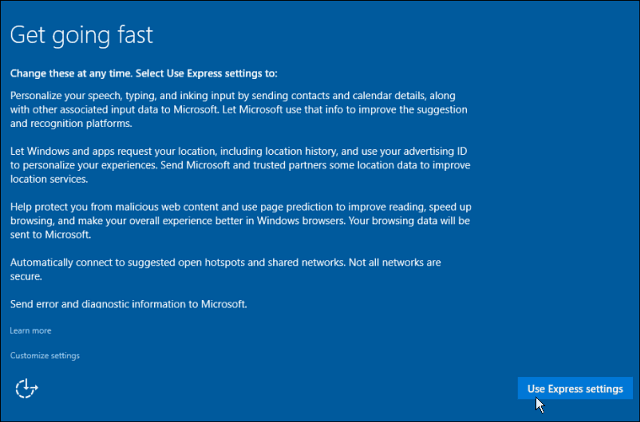 „Epress“ nustatymai „Windows 10“