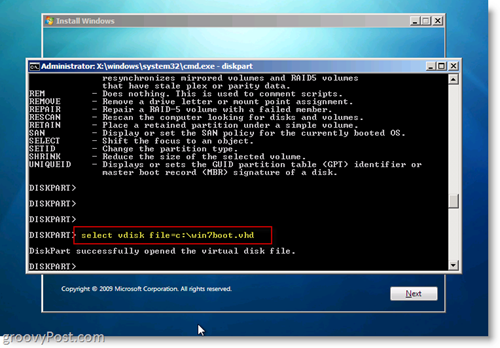 „Windows 7“ vidinis VHD diegimas Dual Boot Pasirinkite VHD iš CMD Prompt