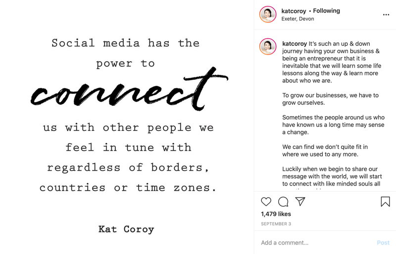 „Instagram“ citatos įrašo pavyzdys, kurio tekstas pirmiausia yra šriftas su keliais žodžiais scenarijaus tekste, norint pabrėžti