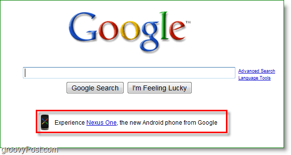 „Nexus“ yra reklamuojamas pagrindiniame „Google“ puslapyje.