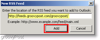 Ekrano kopija „Microsoft Outlook 2007“ - įveskite naują RSS tiekimą