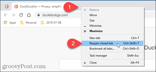 „Chrome“ pasirinkite Vėl atidaryti uždarytą skirtuką
