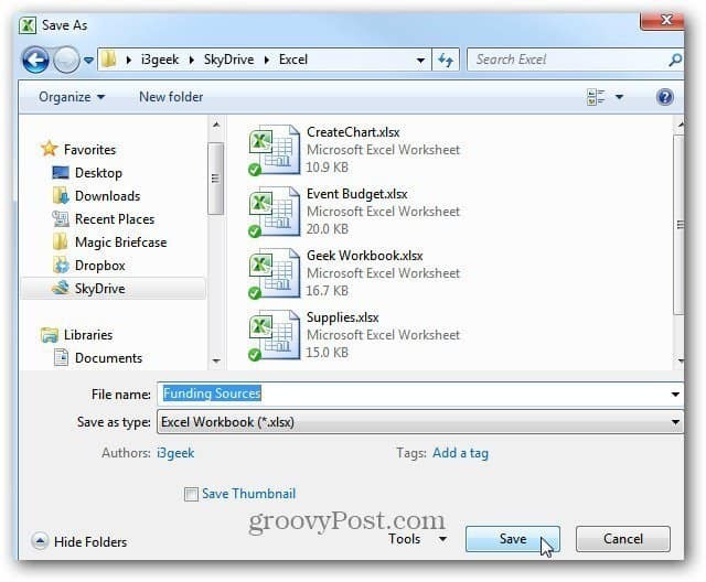 Išsaugokite „Excel“ dokumentą „SkyDrive“
