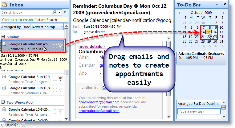 „Outlook 2007“ darbų juosta – vilkite el. laišką į kalendorių