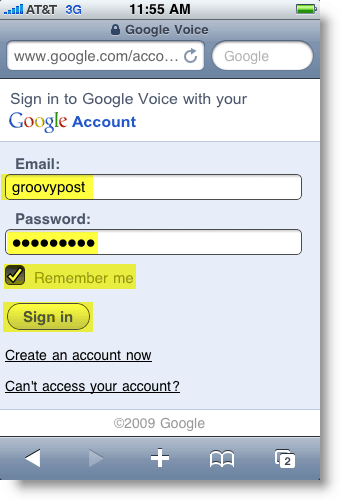 „Google Voice“ prisijungimo mobiliesiems puslapis