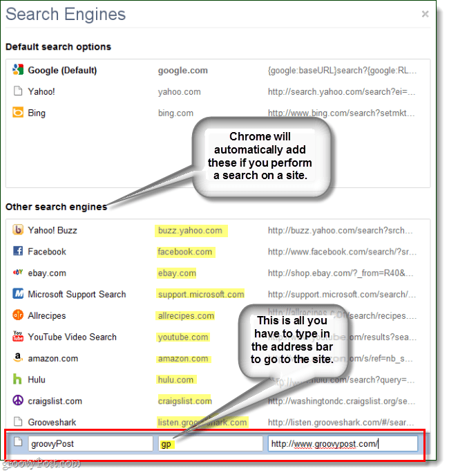 „chrome“ automatiškai sugeneruoja kitus paieškos variklius, tačiau jūs galite įvesti savo